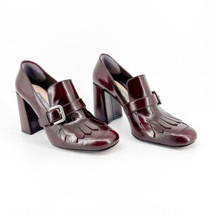 Prada Fringe Loafer Pumps Size 40 US 10 Burgundy Red Buckle High Block Heel